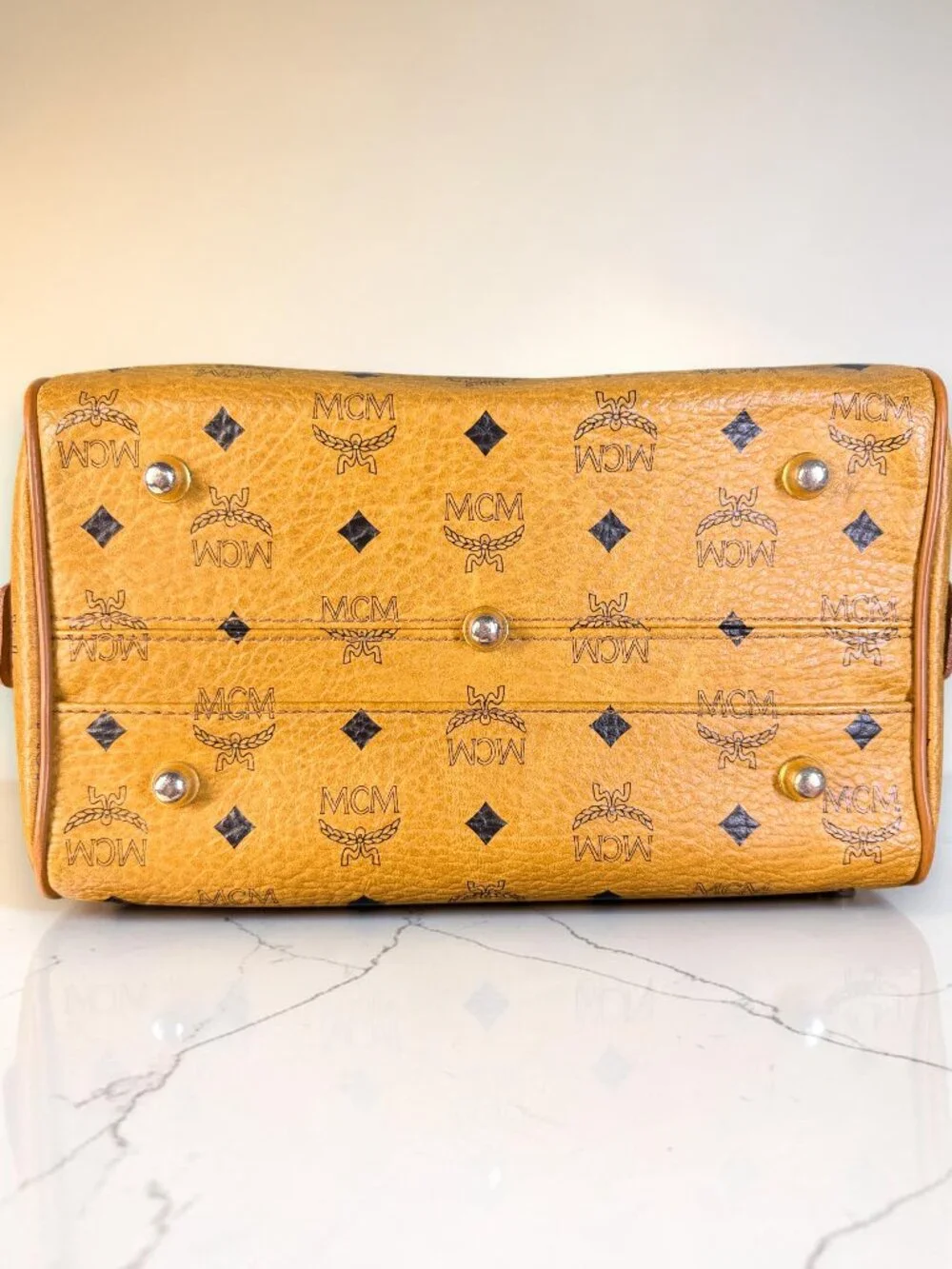 MCM Vintage Visetos Cognac Coated Canvas Boston Satchel Handbag with COA